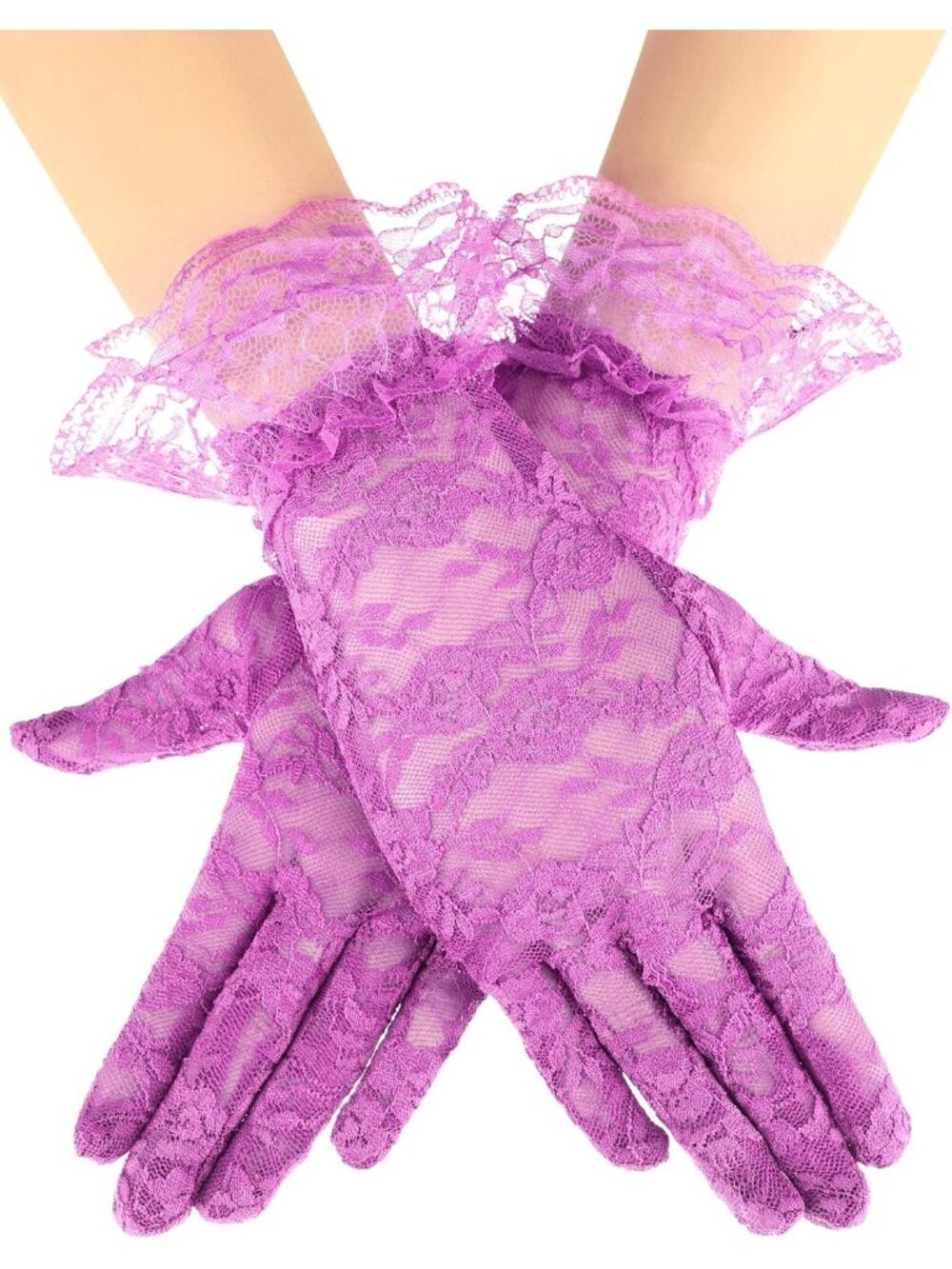 Womens Purple Ruffled Wrist Cuff Pattern Opera Parties Ladies Lace Floral Gloves